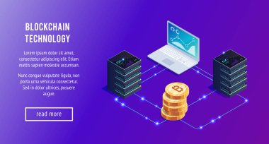 İzometrik kavramı istatistikleri ve analizi. 3D altın bitcoin, sunucular ve dizüstü bilgisayarlar. Cryptocurrency. İzometrik blockchain, baner tasarım şablonu. Vektör çizim.