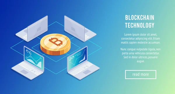 Izometrické Koncept Bitcoin Těžby Zlaté Bitcoin Notebooky Kryptoměn Izometrické Blockchain — Stockový vektor