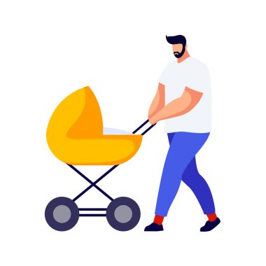 Bir bebek arabası düz bir tarzı olan genç adam. Baba bir yolda bir bebekle. Mutlu bir aile. Modern üst rahat kıyafetler. Vektör çizim.