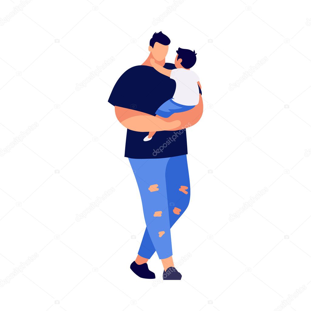 Young man with child in a flat style. Dad holds son on hands. Happy family. Modern parent in casual clothes. Vector illustration.