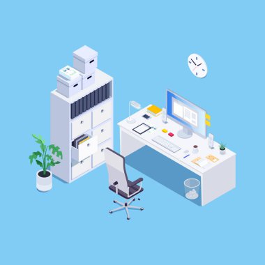 Oda ofis kavramı. Beyaz ofis mobilyaları. 3D koltuk, Masa, bilgisayar ve soyunma. İzometrik. Vektör çizim.