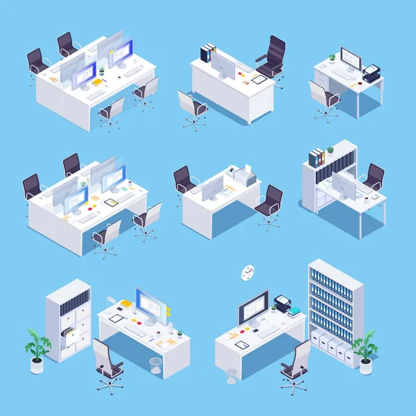 Arbeitsplatz Isometrisches Set Von Büroräumen Weiße Büromöbel Vektorillustration — Stockvektor