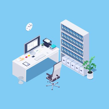 İzometrik Ofis İşyeri kavramı.