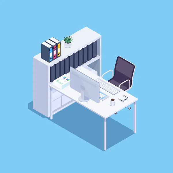 Isometrisches Konzept des Büroarbeitsplatzes. — Stockvektor