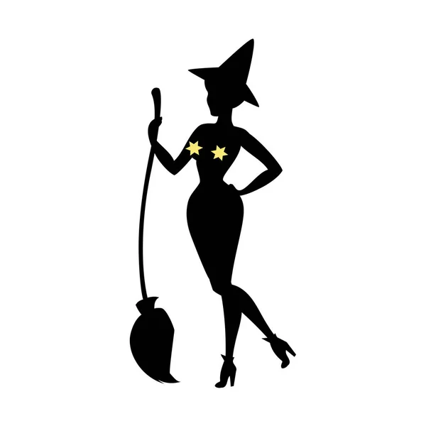 ハロウィーンの魔女の黒いシルエットは 魔女のほうきで立っています カーニバル衣装で若い女性 ベクトル図 — ストックベクタ