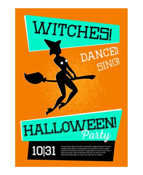 Плакат Ведьмой Хэллоуин Вечеринку Оранжевым Фоном Колдунья Высоких Каблуках Метле — стоковый вектор
