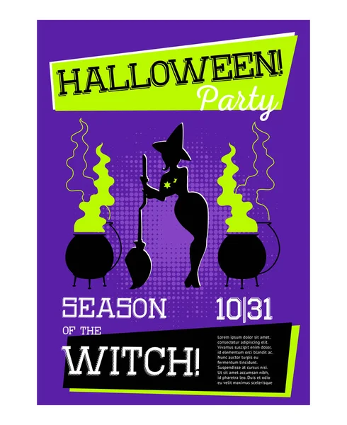 Αφίσα Μάγισσα Για Halloween Πάρτι Μωβ Φόντο Μάγισσα Σκούπα Και — Διανυσματικό Αρχείο