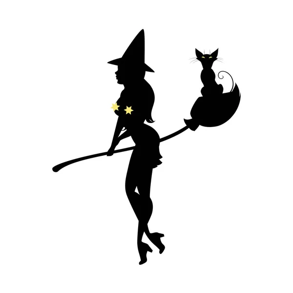 Silueta Negra Bruja Sombrero Halloween Hechicera Pelo Largo Gato Negro — Vector de stock