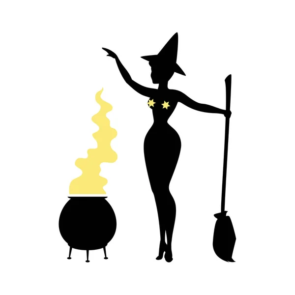 Black Silhouette Witch Hat Halloween Sorceress Standing Broom Preparing Potion — Stock Vector