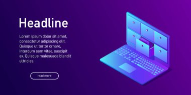 Veritabanı sayfa tasarımı açılış, izometrik kavramı. Web sitesi dekor ile 3d kartı dizin içinde laptop. Vektör çizim.