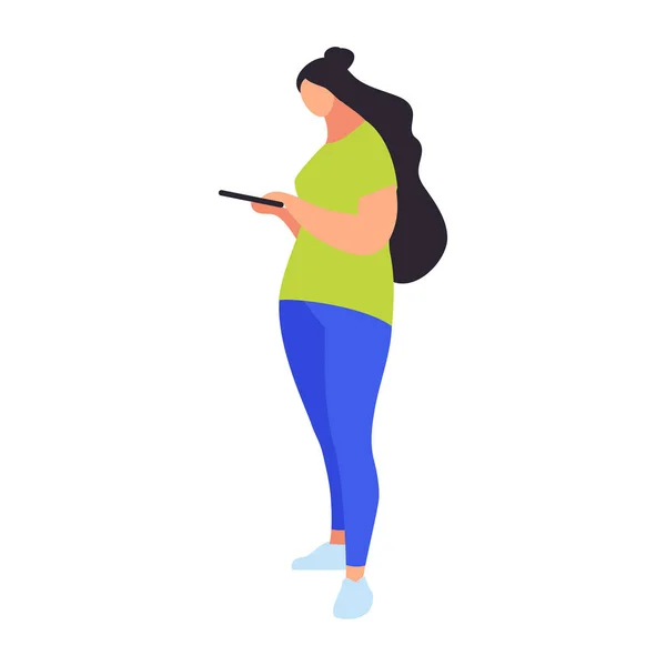 Mujer Joven Estilo Plano Está Utilizando Tableta Mujer Con Pelo — Vector de stock