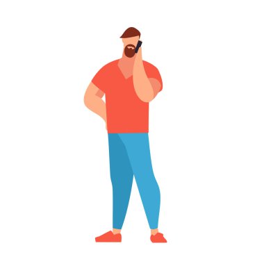 Genç adam bir sakal ve saçak telefonda konuşurken düz bir tarzda. Rahat tarzı kıyafetler. Adam bir kot pantolon, tişört. Vektör çizim.