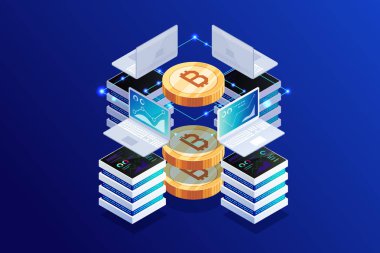İzometrik kavramı incelemesi bitcoin koyu mavi.