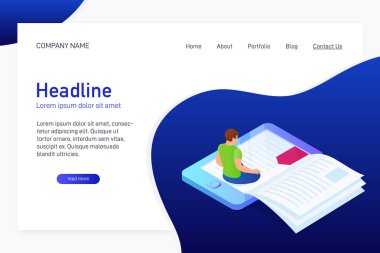 Ebook ile web sitesinin ana sayfası kavramı. Açılış sayfası tasarımı ile isometry. Kişi, adam oturmuş ve 3d ebook okuma. Vektör çizim.