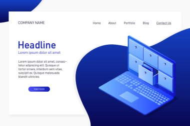 Veritabanı, radar laptop izometrik kavramı. Açılış sayfası tasarımı ile isometry. 3D bilgisayar çekmeceli depolama sistemi. Vektör çizim.