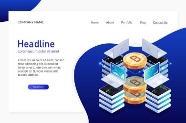 Açılış sayfası isometry ile web sitesinin ana sayfası kavramı. Cryptocurrency, araştırma bitcoin kazanç. Dizüstü bilgisayarlar ve sunucular. 3D altın bitcoin. Vektör çizim.