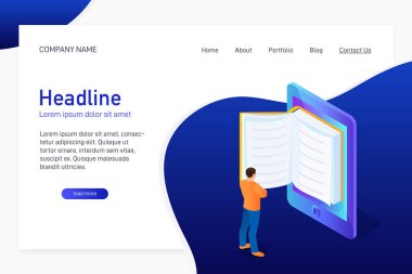 Ebook ile web sitesinin ana sayfası kavramı. Açılış sayfası tasarımı ile isometry. Kişi, adam ayakta ve 3d ebook okuma. Vektör çizim.