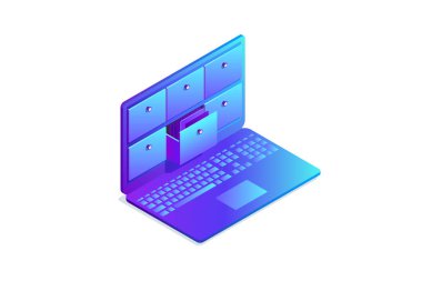 Veritabanı, radar laptop izometrik kavramı. 3D bilgisayar çekmeceli depolama sistemi. Vektör çizim.