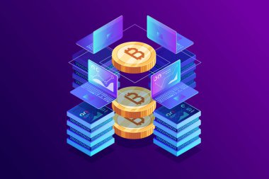 Araştırma bitcoin mor arka planda izometrik kavramı. Cryptocurrency kazanç. Dizüstü bilgisayarlar ve sunucular. 3D altın bitcoin. Web arka plan. Vektör çizim.