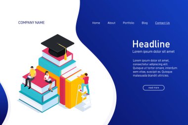 Web sitesinin ana sayfası kavramı izometrik e-öğrenme kavramı ile. Açılış sayfası tasarımı ile isometry. İnsanlar, erkek ve kadın tablet, eğitim adım adım ebook okuma. Vektör çizim.