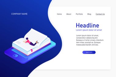 Web sitesinin ana sayfası kavramı ile e-kitap izometrik kavramı. Açılış sayfası tasarımı ile isometry. Yalan ve 3d ebook okuma kadın. Telefon ekranında kağıt kitap yer işareti ile. Vektör çizim.
