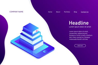 Ebook Kütüphane ile web sitesinin ana sayfası kavramı. Açılış sayfası tasarımı ile isometry. telefon ekranında, ebook Muhafazası, 3D kağıt kitap öğrenme mesafe. Vektör çizim.