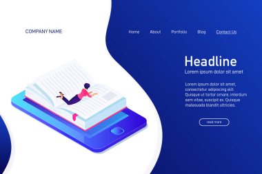 Web sitesinin ana sayfası kavramı ile e-kitap izometrik kavramı. Açılış sayfası tasarımı ile isometry. Yalan ve 3d ebook okuma kadın. Telefon ekranında kağıt kitap yer işareti ile. Vektör çizim.