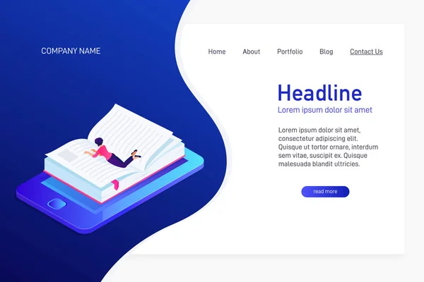 電子書籍の等尺性の概念と Web サイトのメイン ページのコンセプトです ランディング ページのデザインのアイソ メトリック図法 女性は横になっていると 電子ブックを読みます 携帯電話の画面にブックマークに紙の本 — ストックベクタ