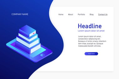 Ebook Kütüphane ile web sitesinin ana sayfası kavramı. Açılış sayfası tasarımı ile isometry. telefon ekranında, ebook Muhafazası, 3D kağıt kitap öğrenme mesafe. Vektör çizim.