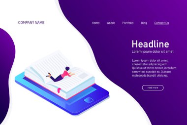 Web sayfası kavramı ile e-kitap izometrik kavramı. Açılış sayfası tasarımı ile isometry. Kişi, yalan ve 3d ebook okuma kadın. Telefon ekranında kağıt kitap yer işareti ile. Vektör çizim.