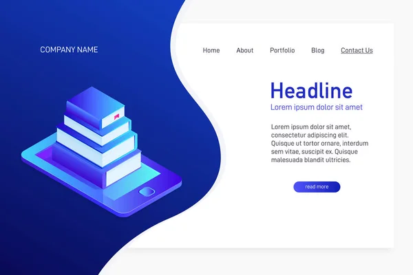 電子ブック ライブラリと Web サイトのメイン ページのコンセプトです ランディング ページのデザインのアイソ メトリック図法 電話画面 電子ブック — ストックベクタ