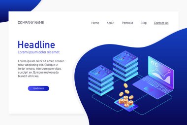 Açılış sayfası isometry ile web sitesinin ana sayfası kavramı. Dizüstü bilgisayar kullanarak madenciliği bitcoin izometrik kavramı. Dizüstü bilgisayarlar, ağ, Analizi ve istatistik. 3D altın bitcoin. Vektör çizim.