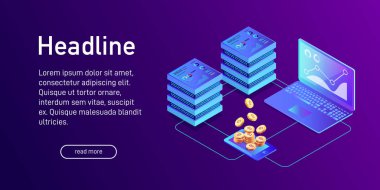 Araştırma bitcoin kullanarak dizüstü bilgisayar, sunucular, tablet, açılış sayfası tasarımı izometrik kavramı. Dizüstü bilgisayarlar, ağ, Analizi ve istatistik, e-ticaret. 3D altın bitcoins. Vektör çizim.