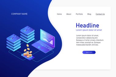 Açılış sayfası isometry ile web sitesinin ana sayfası kavramı. Dizüstü bilgisayar kullanarak madenciliği bitcoin izometrik kavramı. Dizüstü bilgisayarlar, ağ, Analizi ve istatistik. 3D altın bitcoin. Vektör çizim.