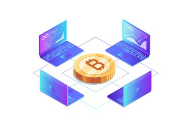 Dizüstü bilgisayar kullanarak madenciliği bitcoin izometrik kavramı. Cryptocurrency kazanç. Dizüstü bilgisayarlar, ağ, Analizi ve istatistik. 3D altın bitcoin. Web arka plan. Vektör çizim.