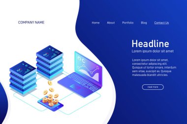 Açılış sayfası isometry ile web sitesinin ana sayfası kavramı. Dizüstü bilgisayar kullanarak madenciliği bitcoin izometrik kavramı. Dizüstü bilgisayarlar, ağ, Analizi ve istatistik. 3D altın bitcoin. Vektör çizim.