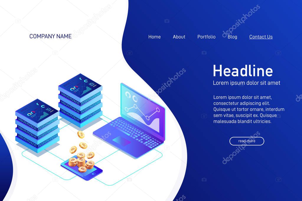 Concept of web site main page, landing page with isometry. Isometric concept of mining bitcoin using laptop. Laptops, network, analysis and statistics. 3d gold bitcoin. Vector illustration.