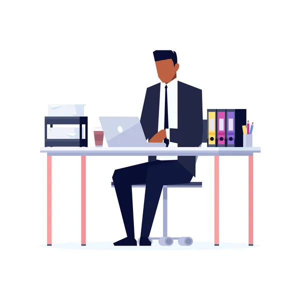 Hombre de negocios afroamericano usando laptop — Vector de stock