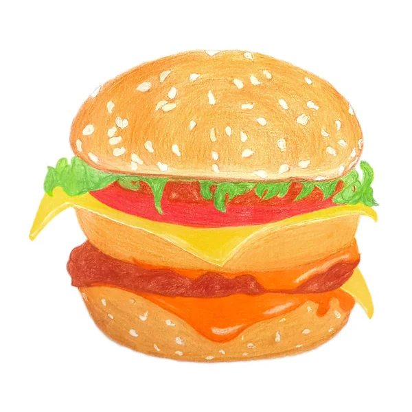 Иллюстрация Чизбургера Белом Фоне Карандашный Рисунок Нарисован Цветными Карандашами — стоковое фото