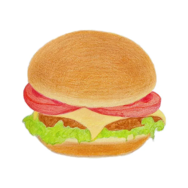 Ilustração Cheeseburger Fundo Branco Desenho Lápis Desenhado Com Lápis Coloridos — Fotografia de Stock