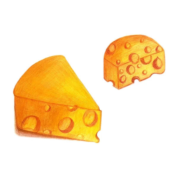 Χέρι Συρμένη Απεικόνιση Ένα Κομμάτι Τυρί Σχέδιο Μολύβια Χρώματος — Φωτογραφία Αρχείου