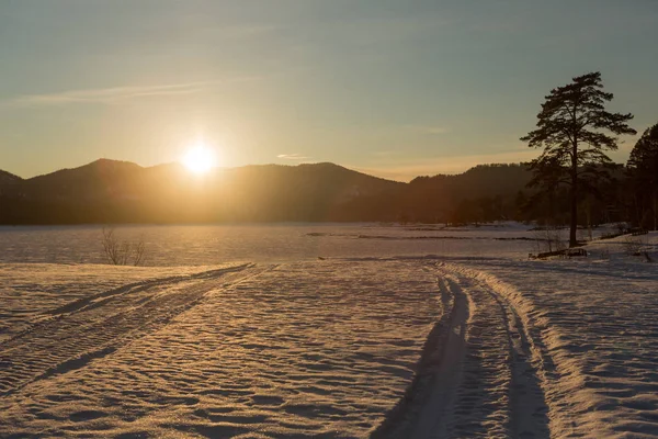 Sonnenuntergang Winter Schnee Natur Fluss Horizont Landschaft. Winter Schnee Wald Fluss Sonnenuntergang Blick. Sonnenuntergang Winter Flussschnee. Winter-Sonnenuntergang — Stockfoto