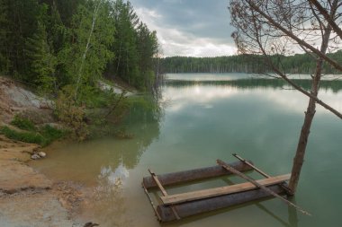 Sahilin yakınındaki yeşil gölde. Yaz gölü manzarası. Arka planda mavi gökyüzü ve yeşil orman var. Tatil ve seyahat kavramı.