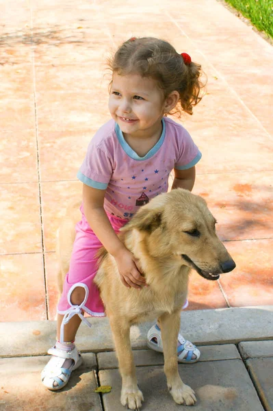 Bambino Abbraccia Amorevolmente Suo Amato Cane Rosso — Foto Stock