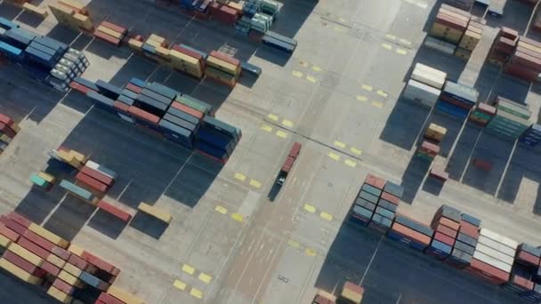 Widok z lotu ptaka. Koncepcja logistyczna lub transportowa: nad importem portu eksportowego z wieloma stosami wierszy kontenerów ładunkowych. — Wideo stockowe