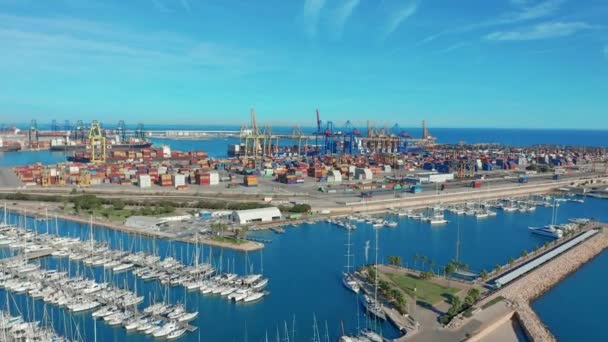 Aerial view. International port with Crane loading containers in import export business logistics. — Stock Video