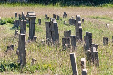 Küçük Franconian kasabası Roedelsee 'de siyah beyaz mezar taşlarıyla Yahudi mezarlığı