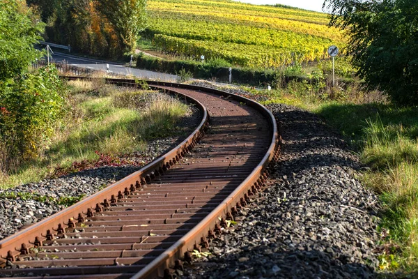 Kurvige Bahngleise Neben Landstraße Und Weinberg Herbst — Stockfoto