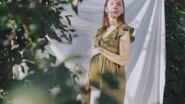 Girl Green Dress Hat Apple Orchard — Stock Video