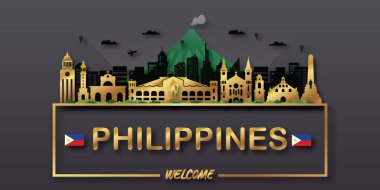 Filipinler Seyahat kartpostalı, poster, dünyaca ünlü simgelerin tanıtım turu. Vektör illüstrasyonları